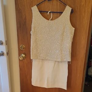 Elegant Cream Sleeveless  Beaded Top With Straight Skirt